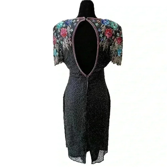 SCALA Sequin Beaded Cocktail Evening Dress Black Multi Colour Open Back Medium - Picture 2 of 15